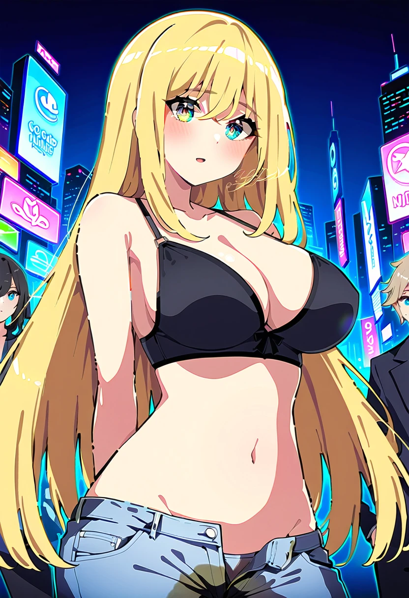 (masterpiece:1.37), best quality, (extremely detailed:1.37), woman, mature, adult, large breasts, very long hair, (straight hair:1.5), blonde hair, blue eyes, (extremely detailed eyes:1.37), crop top, cleavage, navel, jeans, open fly, (groin:1.25), desperation, (wetting: self 3.0), standing, city, futuristic, neon lighting, high-tech, street