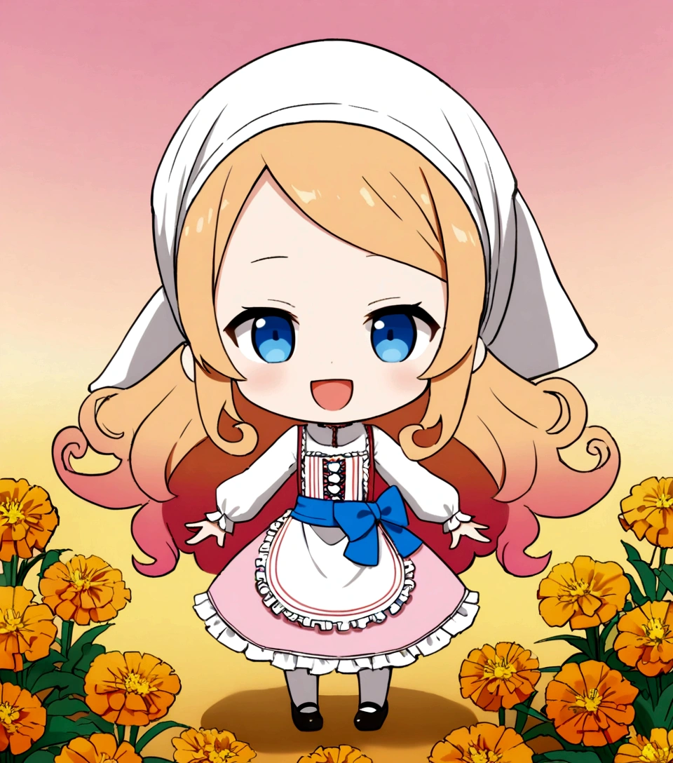 golden orange hair, gradient hair, very long hair, swept bangs, sidelocks, curly hair, wavy hair, (((((head scarf))))), head bandana, pink apron, flower in hair, marigold, orange flower, dirndl, pink dress, pink dirndl, long sleeves, waist apron, white apron, bow on waist, blue bow, , polish clothing, Slavic clothing, Hungarian clothing, anime, cute, flat chest, solo, exaggerated expression, chibi,(((((:3}}}}} smile, open mouth, blue eyes, white stockings, black shoes, full body