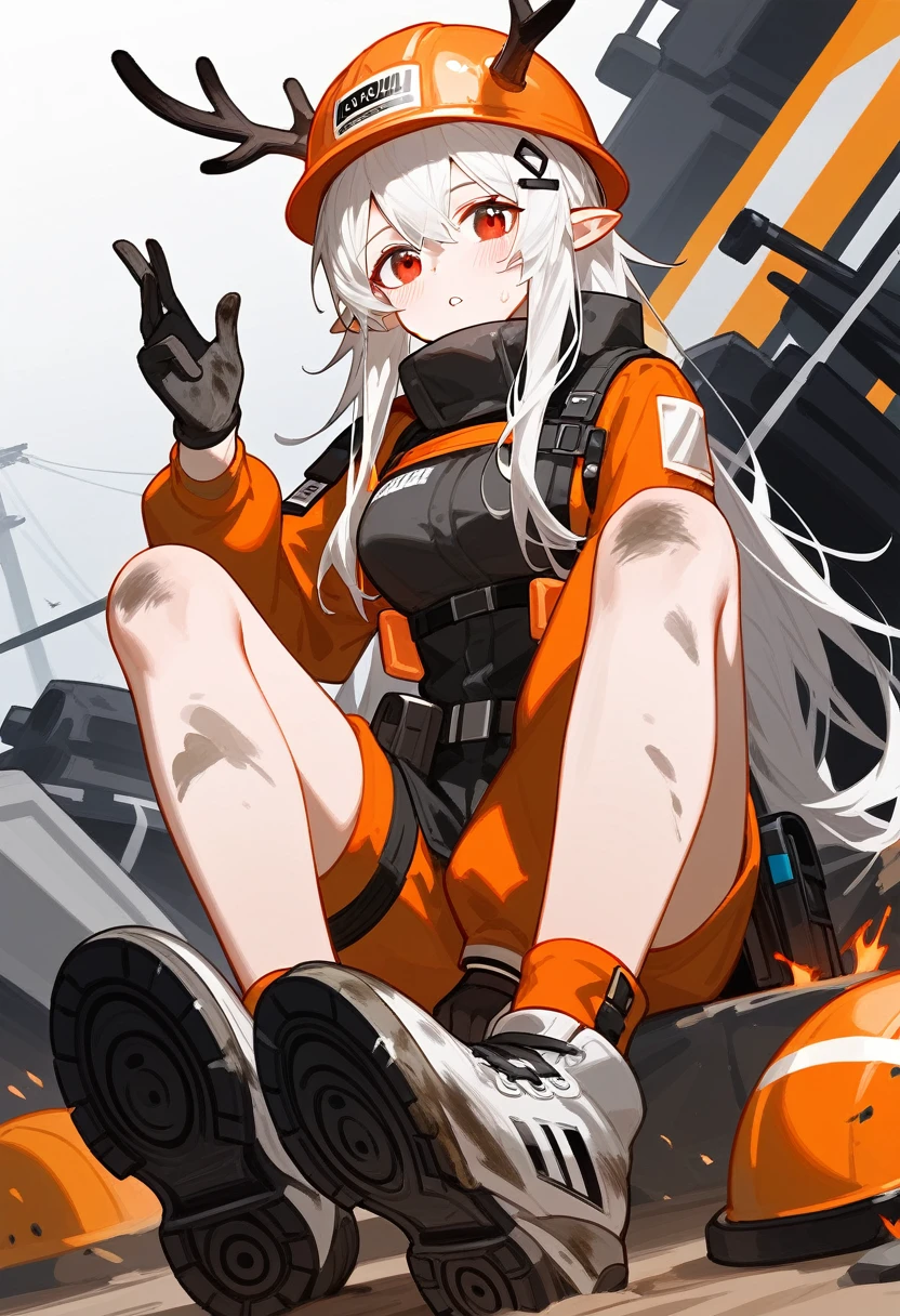 a result_9,a result_8_higher,a result_7_higher,1girl,Clay rock (Knights Knights),dirty,foot,gloves,Helmet,antlers,Shoe,Red eyes,حافي الfootين,Pointy ears,Breasts,Single,long hair,White hair,black gloves,أصابع الfoot,Hard hat,تركيز الfoot,Looking at the viewer,He sits,He sweats,Parted lips,dirty foot,Detain,in the fresh air,sky,Explosions,Oripathic lesion (Knights Knights),day,He smiles,Blush,demon antlers,Infection monitor (Knights Knights),Default,sun,