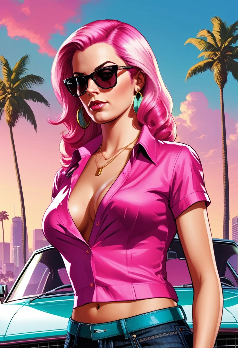 (gta style:1.5),(GTA Vice City, GTA 5 cover art, gta style: 1.5), with a white woman long pink hair, with glasses