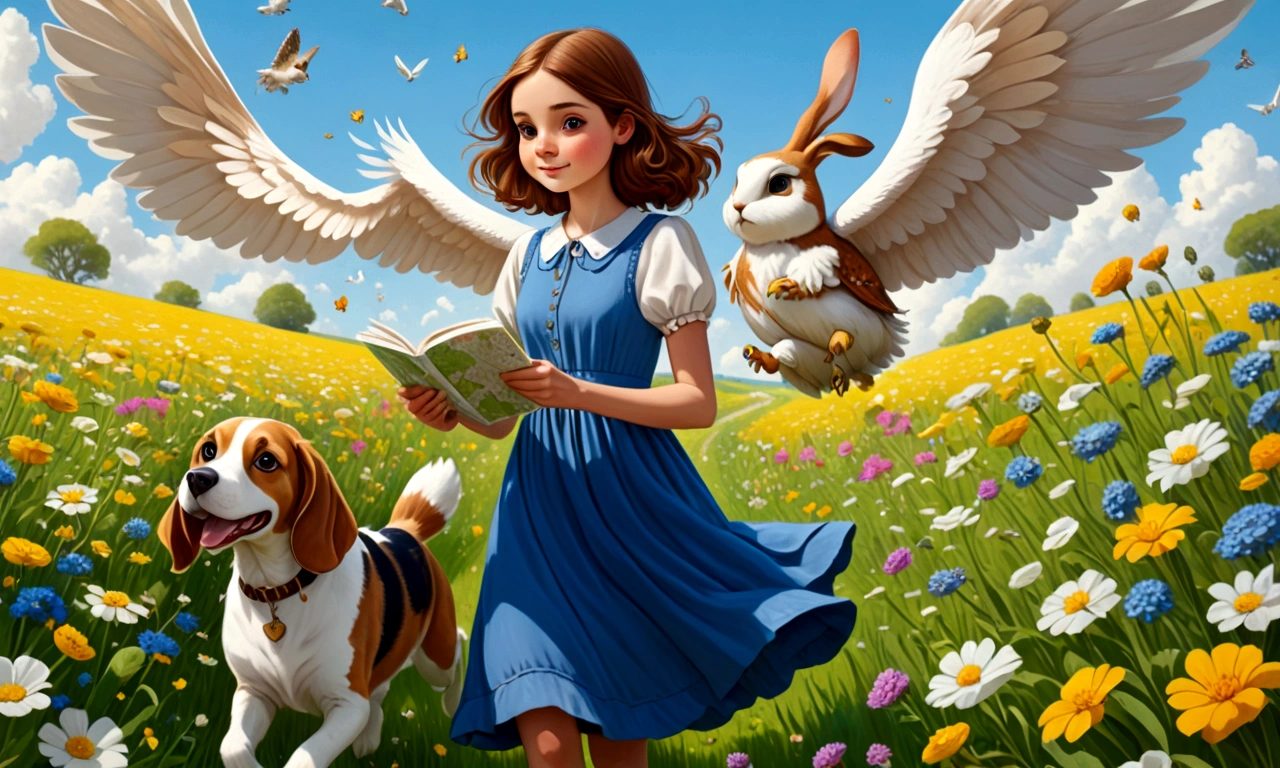 Draw a young woman with brown hair and a blue dress. She happily crossing a field of flowers, with a look of curiosity she found an owl and by her side a white rabbit. In one hand he has a map. Next to her is a brown and white beagle.