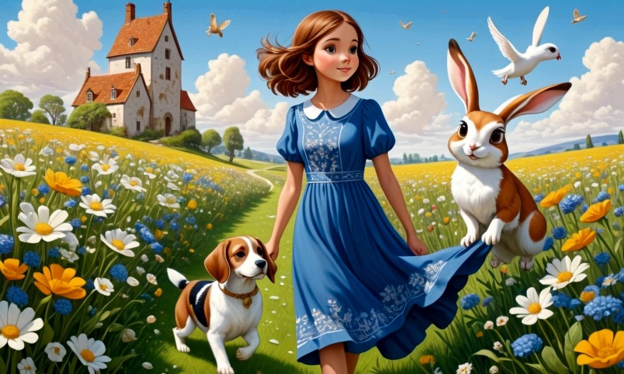 Draw a young woman with brown hair and a blue dress. She happily crossing a field of flowers,  with a look of curiosity she found an owl and by her side a white rabbit. In one hand he has a map. Next to her is a brown and white beagle.