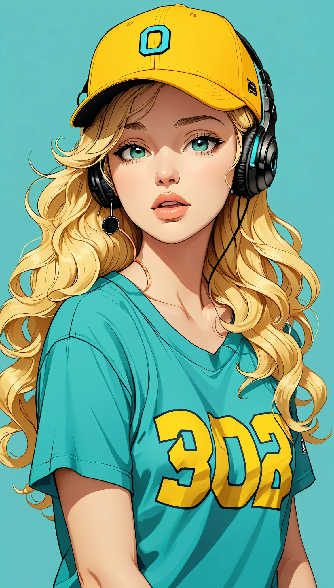 masterpiece, Highest quality, One girl, Aqua Eye, Baseball cap, Blonde, Mouth closed, Earrings, Have, hoop 、 jewelry, View your viewers, shirt, Wavy Hair, Simple Background, alone, Upper Body, yellow shirt 、Headphones、Larger breasts