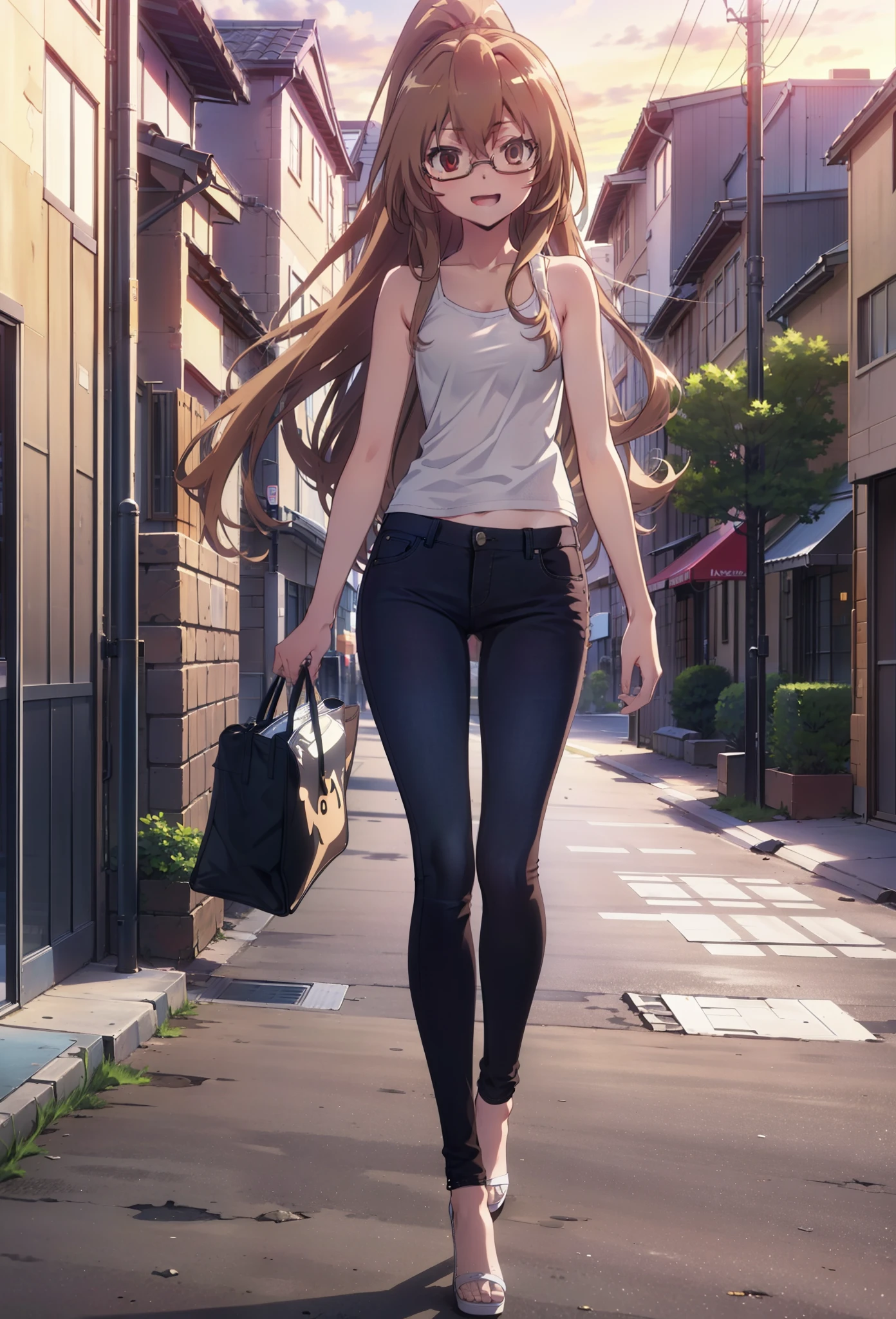 taiga aisaka, taiga aisaka, Long Hair, Brown Hair, Brown eyes,happy smile, smile, Open your mouth,ponytail,Black-rimmed glasses,Brown Tank Top,Skinny jeans,Stiletto heels,The rising sun,morning,morning陽,walking,whole bodyがイラストに入るように,
break outdoors, construction area,
break looking at viewer, whole body,
break (masterpiece:1.2), Highest quality, High resolution, unity 8k wallpaper, (shape:0.8), (Beautiful attention to detail:1.6), Highly detailed face, Perfect lighting, Extremely detailed CG, (Perfect hands, Perfect Anatomy),