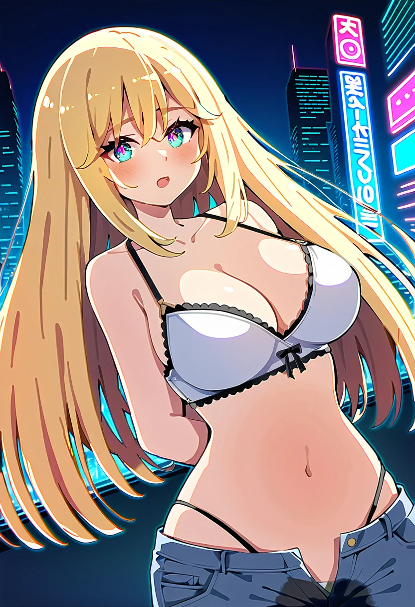 (masterpiece:1.37), best quality, (extremely detailed:1.37), woman, mature, adult, large breasts, very long hair, (straight hair:1.5), blonde hair, blue eyes, (extremely detailed eyes:1.37), crop top, cleavage, navel, jeans, open fly, (groin:1.25), desperation, (wetting: self 3.0), standing, city, futuristic, neon lighting, high-tech, street