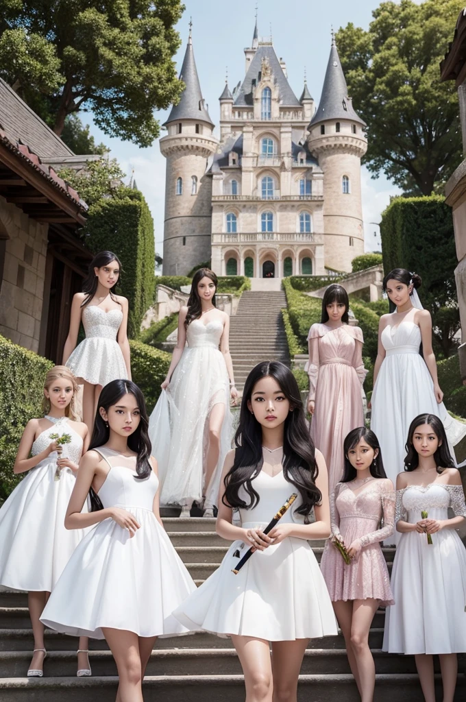 Seven girls in front of a castle and several smokes around them and one of them in the center holding something like a wand, all with long and beautiful shiny white dresses, tennis with glitter, Asian beauty, Caucasian skin, all with black hair, on top it will say RENAISSANCE as an album 