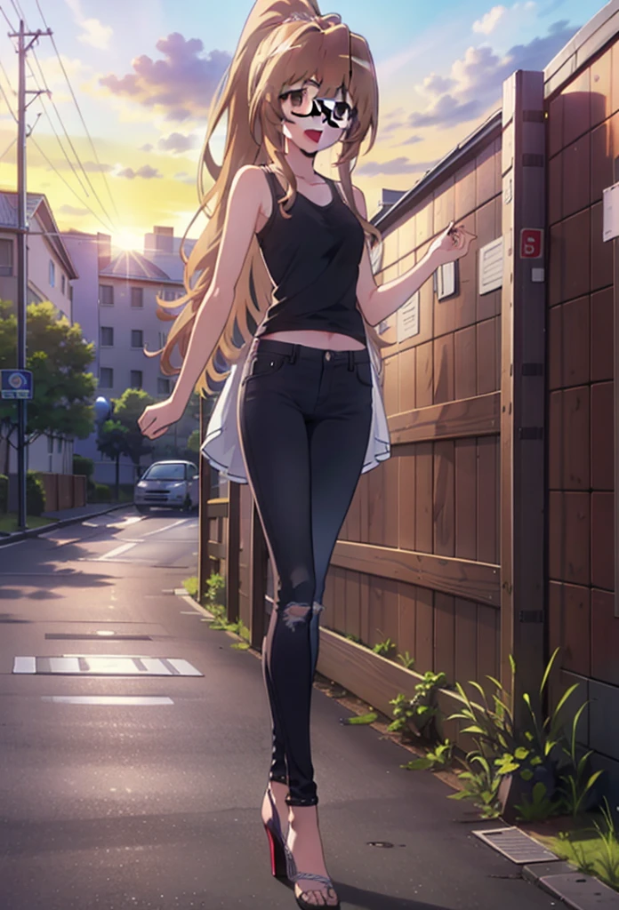 taiga aisaka, taiga aisaka, Long Hair, Brown Hair, Brown eyes,happy smile, smile, Open your mouth,ponytail,Black-rimmed glasses,Brown Tank Top,Skinny jeans,Stiletto heels,The rising sun,morning,morning陽,walking,whole bodyがイラストに入るように,
break outdoors, construction area,
break looking at viewer, whole body,
break (masterpiece:1.2), Highest quality, High resolution, unity 8k wallpaper, (shape:0.8), (Beautiful attention to detail:1.6), Highly detailed face, Perfect lighting, Extremely detailed CG, (Perfect hands, Perfect Anatomy),