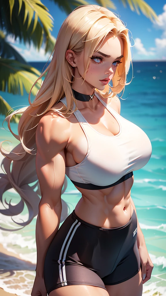 (beautiful detailed photo), (high quality image), (((woman with bodybuilder physique))), (((gorgeous face))), (((full plump lips))), (((beautiful eyes))), long curly blonde hair, (((huge muscles))), (((huge muscular upper body))), (((defined toned abs))), (((strong defined arms))), (((big breast))), (((big broad wide shoulders))), (((huge broad muscular shoulders))), (((thin skinny thighs))), (((tattoo on arm))), ((sexy sports bra)), ((sexy spandex shorts)), (choker), (((sexy pose)))