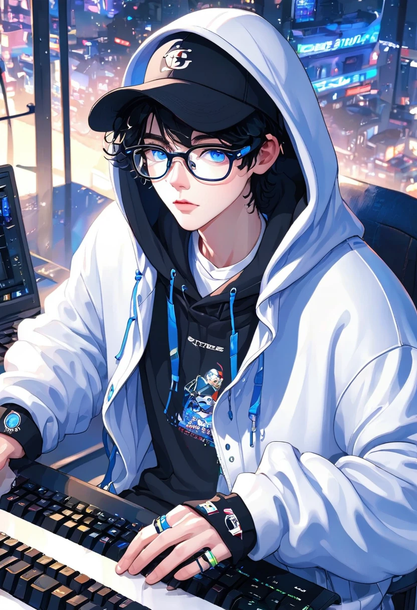 1boy,baseball cap,black hair,blue eyes,glasses,hat,hood,hood down,hoodie,keyboard \(computer\),white hoodie,wristband