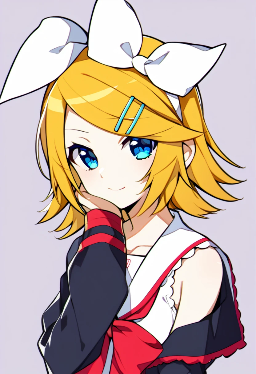 one girl, Kagamine Rin, Vocaloid, blue eyes, simple background, sailor collar, off shoulder, black sleeve, hair clip, hair bow