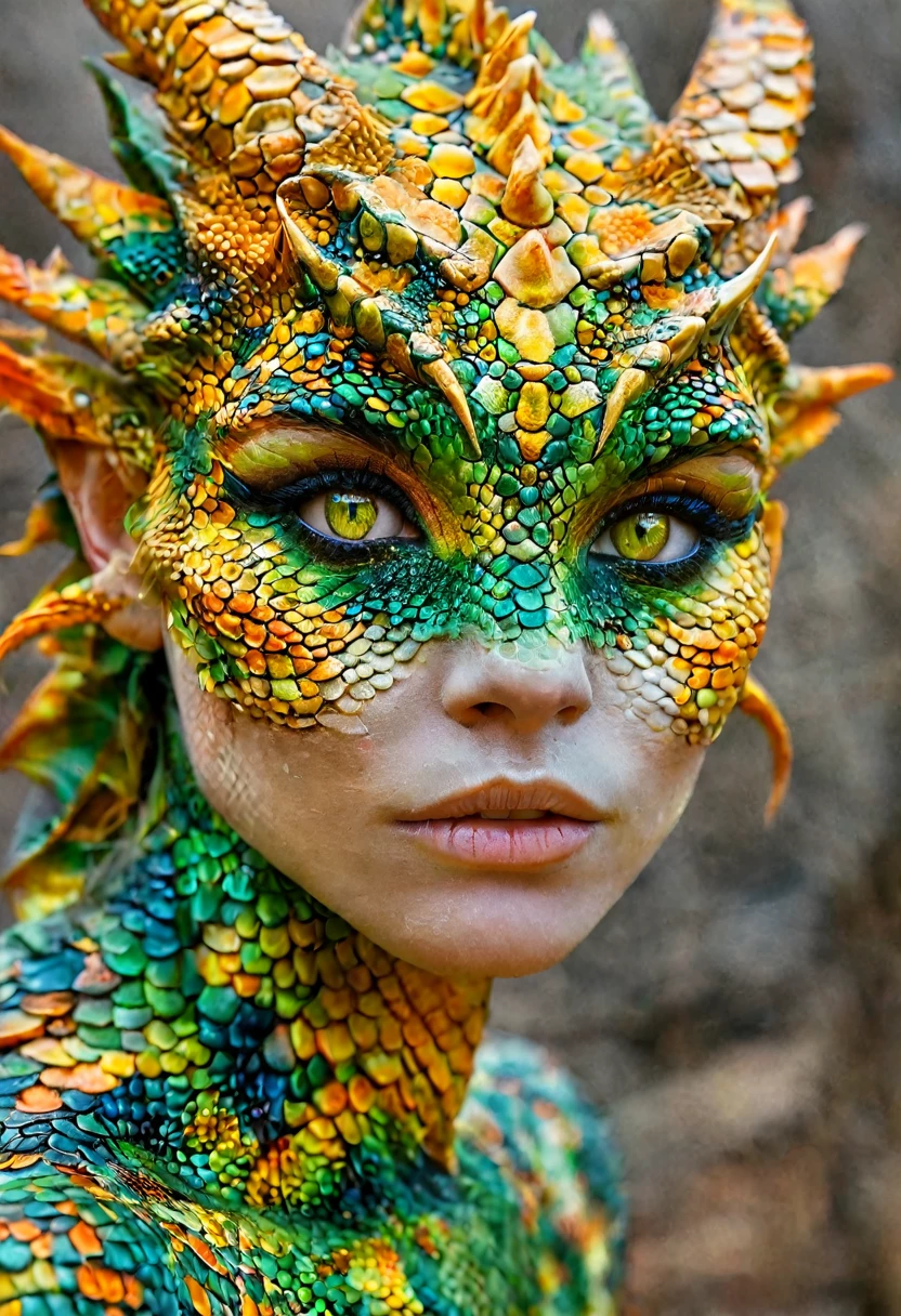 breathtaking This stunning young woman, human dragon hybrid, Close extremo, covered in multicolored green matte scales like skin, stunning orange-yellow reptilian eyes, dragon horns. Even though I'm bald, except for a braided red ponytail, She exudes confidence and strength, his expression conveying a sense of power and determination. DVRSCLs,style of Don Lawrence, style of (Will Murai:1.2), style of (Greg Rutkowski:0.8), . awardwinning, proffesional, highy detailed
