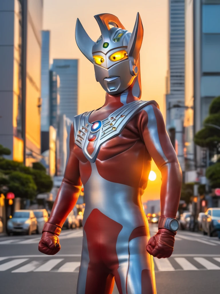 40m tall Giant superhero Ultraman Taro,standing on the streets of Tokyo at sunset, tall and slim, portrait, fighting pose, photo high quality, realistic photo, reddening at sunset, silver helmet, glass hemisphere on chest glows, yellow eyes, forehead lamp glows,martial arts pose, 4K
