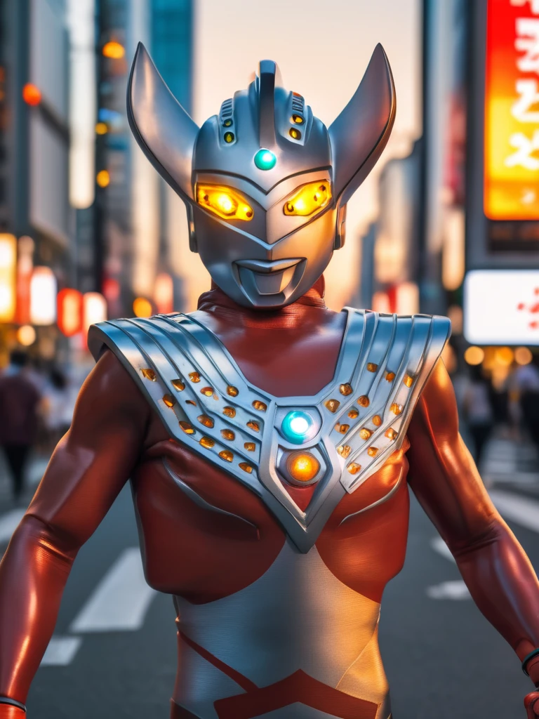 40m tall Giant superhero Ultraman Taro,standing on the streets of Tokyo at sunset, tall and slim, portrait, fighting pose, photo high quality, realistic photo, reddening at sunset, silver helmet, glass hemisphere on chest glows, yellow eyes, forehead lamp glows,martial arts pose, 4K
