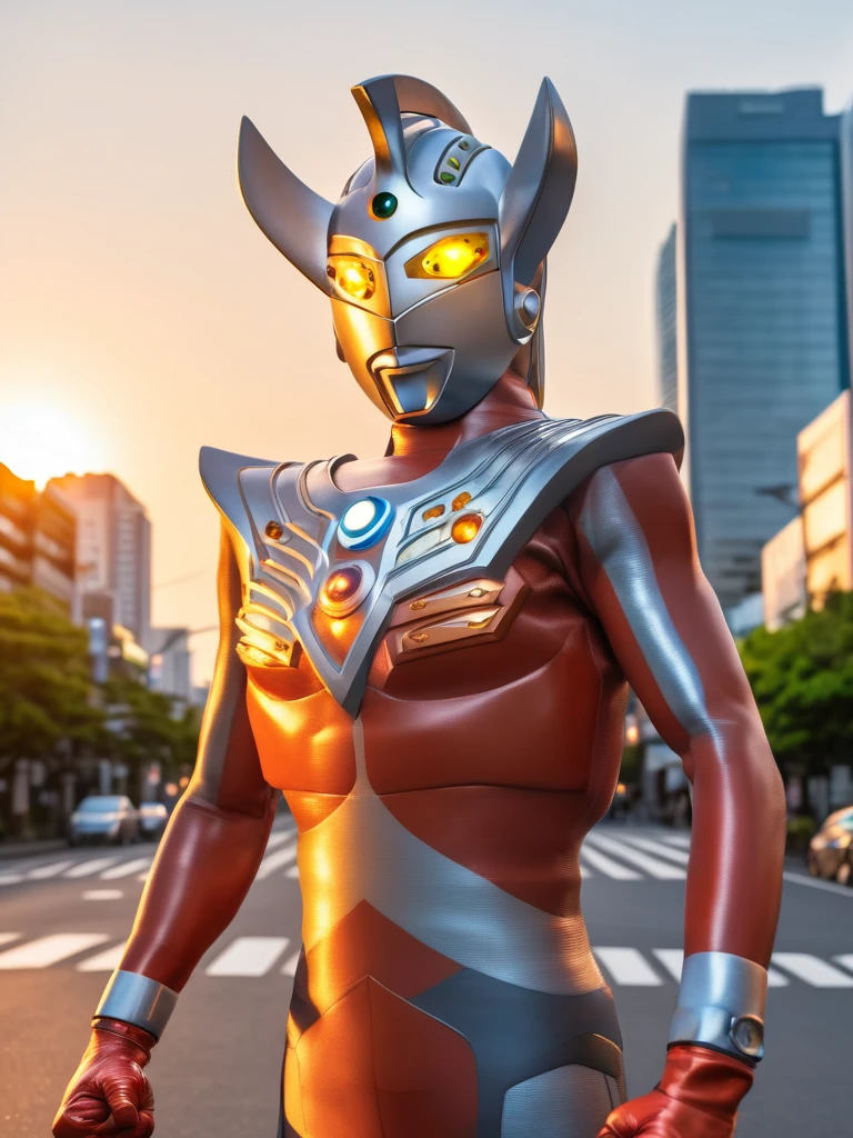 40m tall Giant superhero Ultraman Taro,standing on the streets of Tokyo at sunset, tall and slim, portrait, fighting pose, photo high quality, realistic photo, reddening at sunset, silver helmet, glass hemisphere on chest glows, yellow eyes, forehead lamp glows,martial arts pose, 4K
