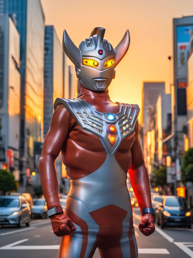 40m tall Giant superhero Ultraman Taro,standing on the streets of Tokyo at sunset, tall and slim, portrait, fighting pose, photo high quality, realistic photo, reddening at sunset, silver helmet, glass hemisphere on chest glows, yellow eyes, forehead lamp glows,martial arts pose, 4K
