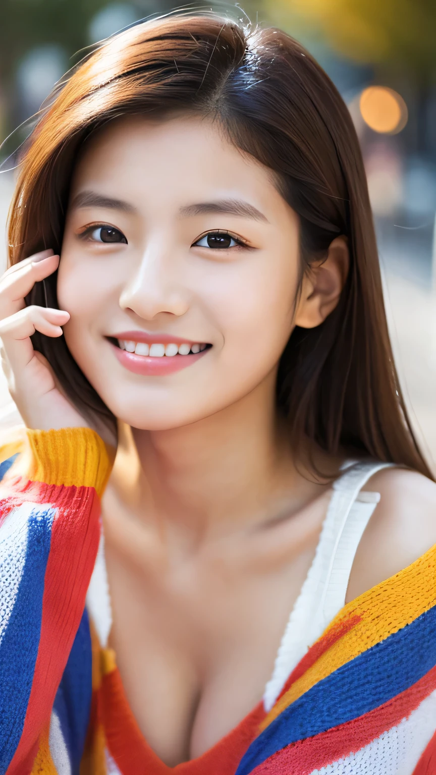 A lovely smile when you see this、One beautiful woman、Bold Pose、Laughter、18-year-old girl、cute、Upper body、
Under the Autumn Sky、Colorful sweater with tedium hair、、Natural color lip、White skin、(Highest quality,8K,masterpiece),Woman sitting at table with mobile phone in hand,Japan model at ,small,Cleavage,(Detailed eyes,Detailed nose,Detailed lips,Lip gloss,Detailed skin), On the street,