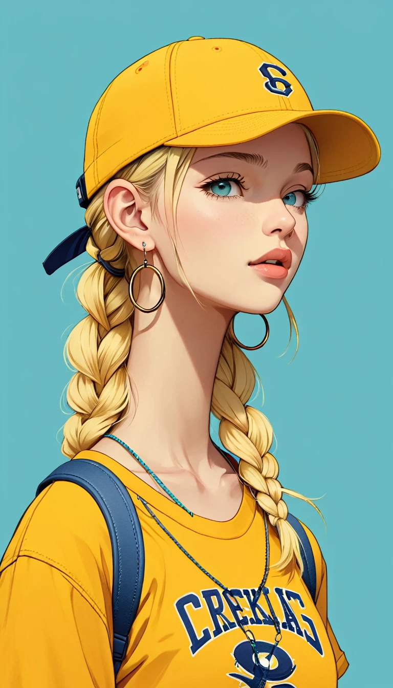 masterpiece, Highest quality, One girl, Aqua Eye, Baseball cap, Blonde, Mouth closed, Earrings, Have, hoop 、 jewelry, View your viewers, shirt,Braid, Simple Background, alone, Upper Body, yellow shirt 、Headphoneoderate bust