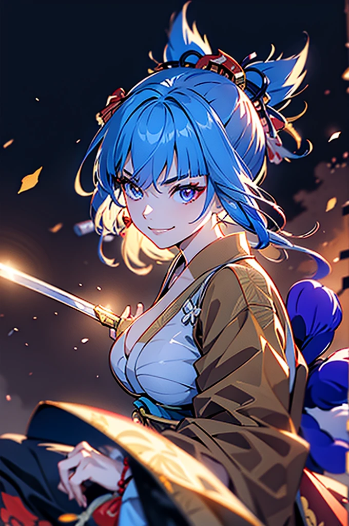 roll up bandage on a chest tightly to cover the chest without gaps under kimomo, Japanese Gangster BOSS, adult woman with the dignified presence, Killing Qi, wear the kimono, kimono come off ,wear the kimono multiple times, Bare shoulders and the clavicle, black and gold kimono, put on over jacket of kimono, holding a japanese sword which shine in purple, long sword, eye fire, low angle, whole body, bandage is seen, anime character, inappropriate smile, off sholder, nappropriate smile, Excellent, blue hair