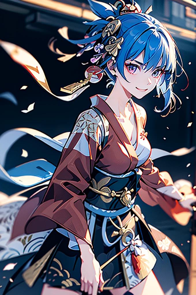roll up bandage on a chest tightly to cover the chest without gaps under kimomo, Japanese Gangster BOSS, adult woman with the dignified presence, Killing Qi, wear the kimono, kimono come off ,wear the kimono multiple times, Bare shoulders and the clavicle, black and gold kimono, put on over jacket of kimono, holding a japanese sword which shine in purple, long sword, eye fire, low angle, whole body, bandage is seen, anime character, inappropriate smile, off sholder, nappropriate smile, Excellent, blue hair