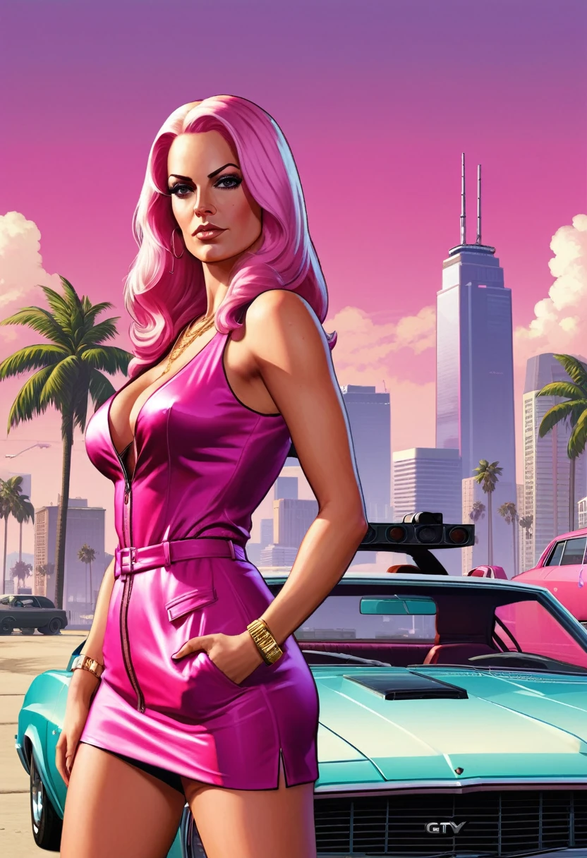 (gta style:1.5)，(GTA Vice City, GTA 5 cover art, gta style: 1.5), with a white woman armed with long pink hair