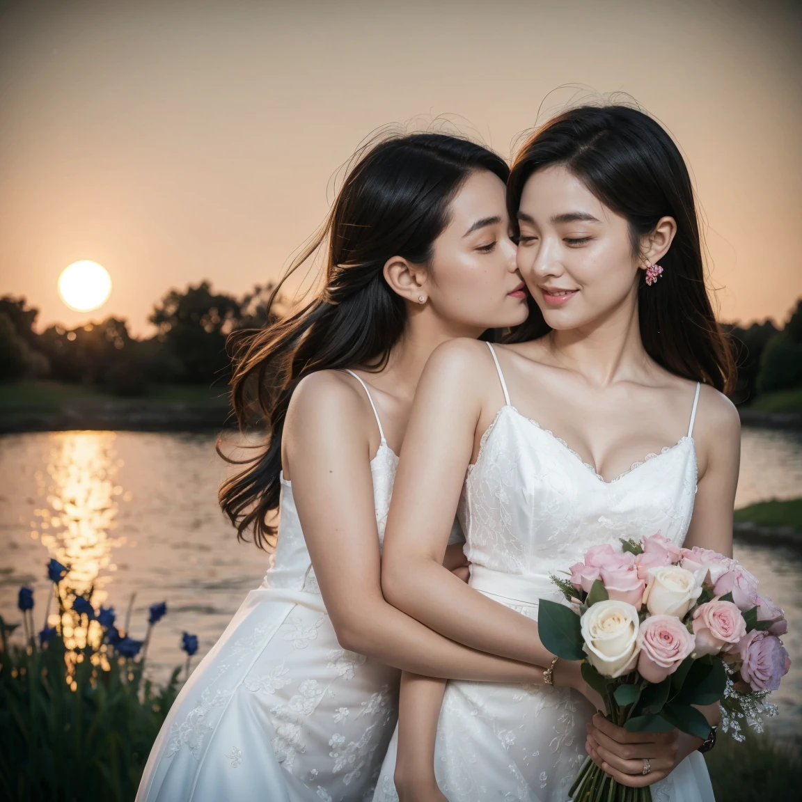 two women is deeply in love with each other, kiss, romantic atmosphere, flower and moon
