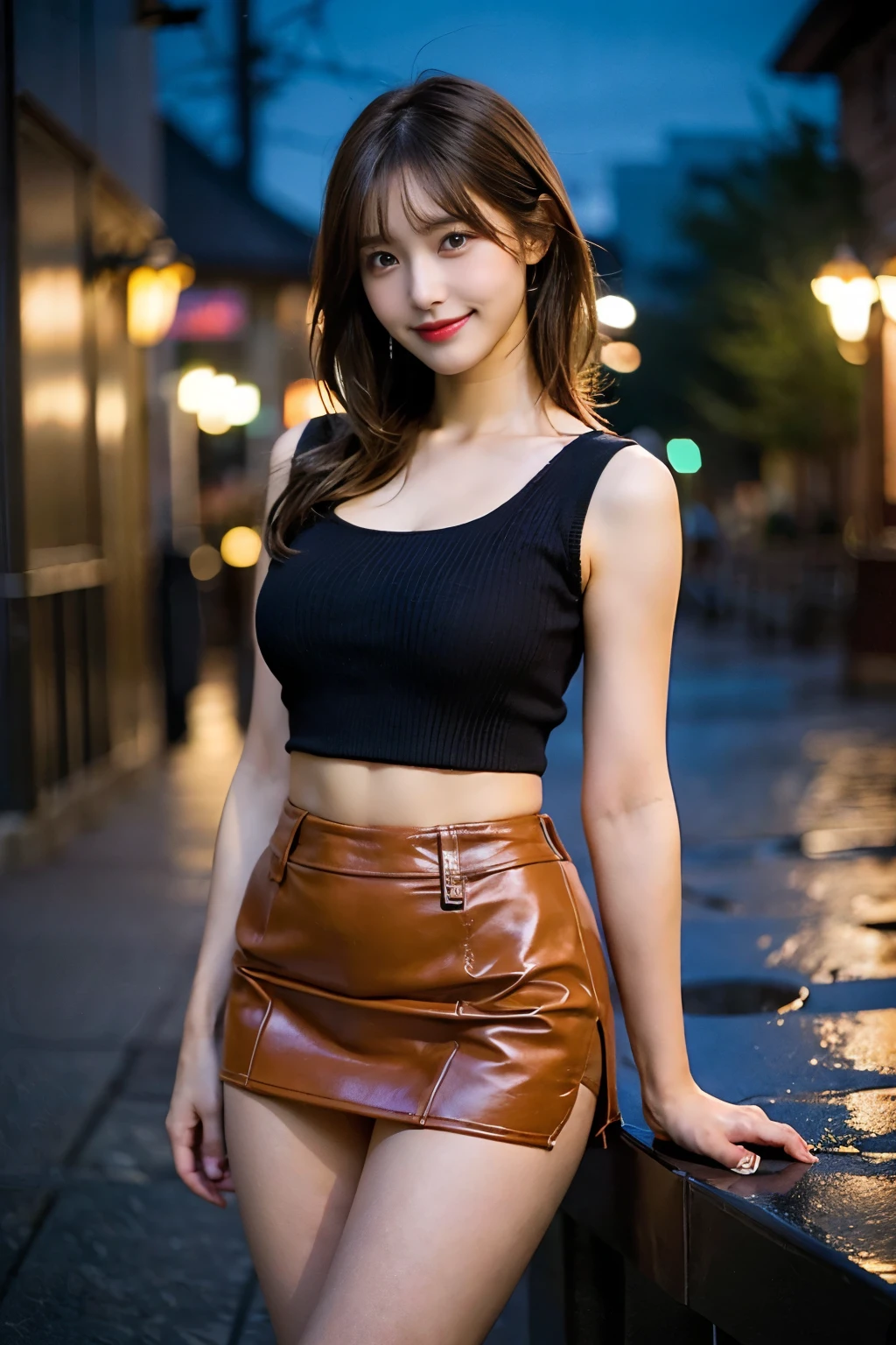 (8K, RAW Photos, Highest quality, Tabletop, Realistic, Detailed face, Detailed skin, Warm color temperature:1.2), (One Girl, alone:1.5), Cowboy Shot, (skinny:1.1), (low length, Height: 148cm, small:1.3), (short hair, Beaver:1.2), amount, Brown Hair, Very good, tighttops, tight, (Micro Skirt:1.3), Visible panties, Knee-high socks, (Huge breasts:1.1), smile, shy, Dull colors, Are standing, encounter, night,