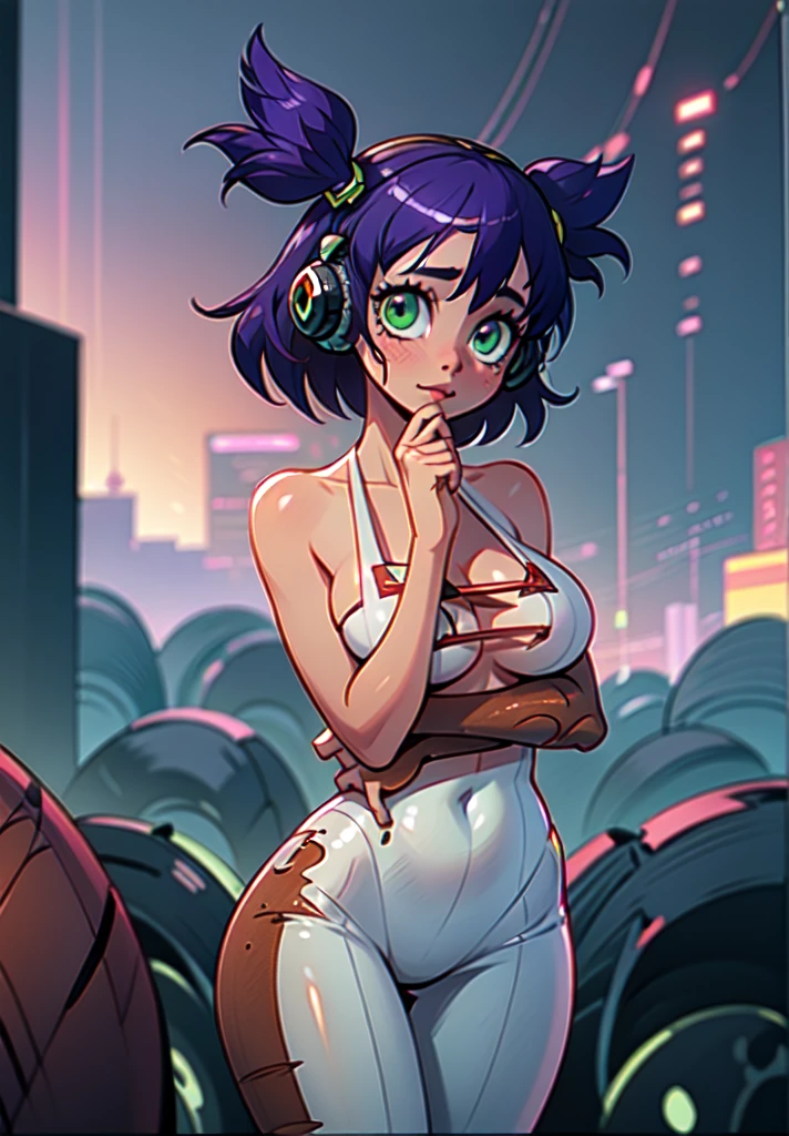very young slim fit girl, full height, shy smile, perfect huge breast, cinematic light, HDR picture, 16k, masterpiece, cinematic light, ultra realistic, high definition picture, un, purple hair, (two sides up:1.2), (short hair:1.1), big green eyes, two twintails, ripped short red jumpsuit, tight microbikini, looking at camera, headphones, outdoors, (night:1.1), scenic view, cyber Moscow 2077, Russia, realistic, photo background, realistic skin texture, detailed background, beautiful and detailed artwork, parororo