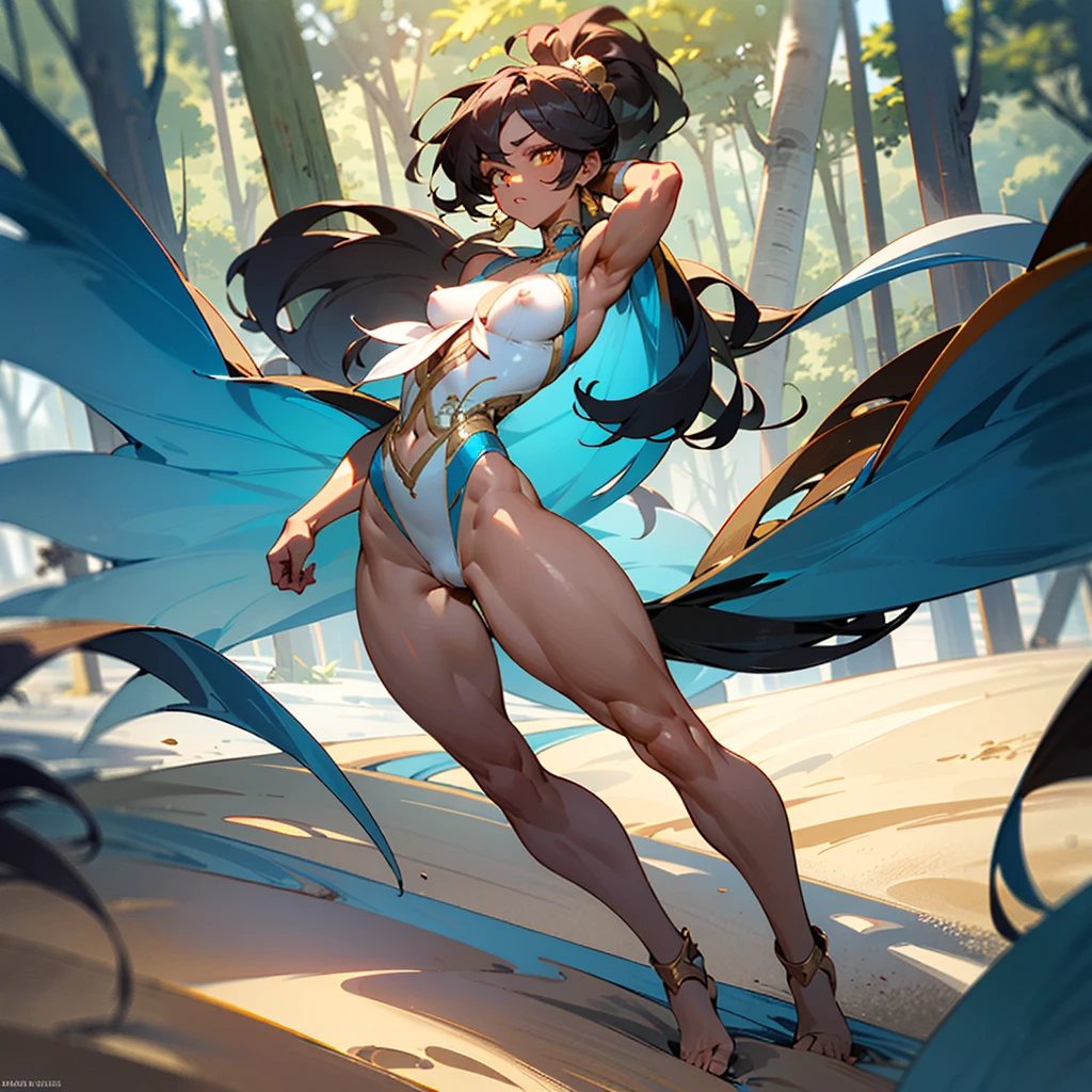 8k_wallpaper, extremely detailed eyes, extremely detailed body, (large masterpiece digital art), ((perfect anatomy huge chest)), (intricate details:1.3), (ultra-detailed:1.3), (sharp focus:1.3), (natural lighting:1.05), (vivid colors:1.3), (best quality:1.4), high quality, expressive eyes, full body, tall girl, detailed face, beautiful face, perfect face, detailed ((sand hair)), (gold eyes), {{dark skin}}, ({dark skinned female}), gigantic breasts, thick thighs, a young Korean woman, (with golden eyes), (ponytail sandy lush hair), {tanned dark bronze skin}, (a huge chest), [[nipple piercing]], powerful sculpted leg muscles, powerful sculpted arm muscles, powerful sculpted abdominal muscles, sculpted thigh muscles, no underwear, naked, walking through the forest, trees with blue foliage and white flowers,