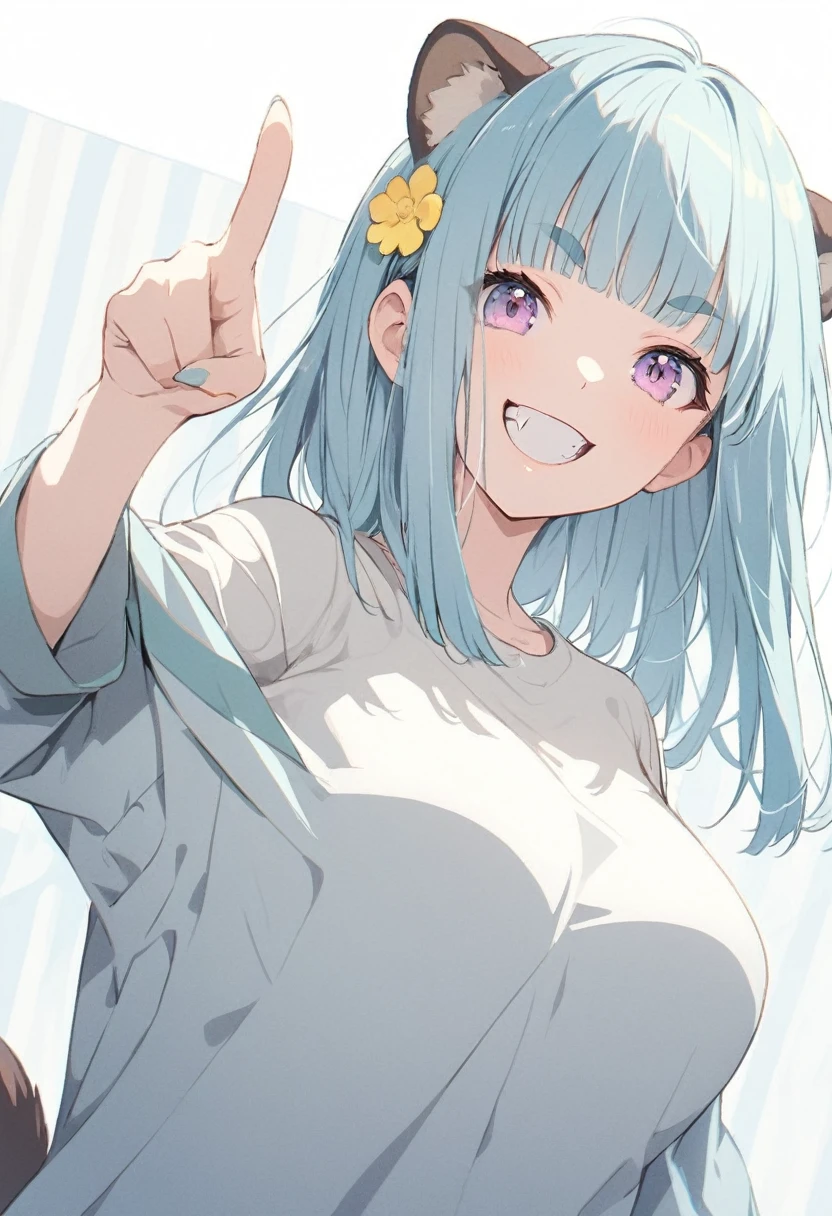 anime,(pale colors:1.8),long shot, 1girl, (on right:1.3), solo, cat mouth, dynamic angle, holding flower, pointing up, grin, smile, fang,  blue hair, bobcut, straight hair, racoon ears, racoon tail, (brown streaked hair:1.3), (blunt bangs) ,thick eyebrows, big breast, off shoulder clothes, cutout,flower hair ornament,  striped background, shadow, 