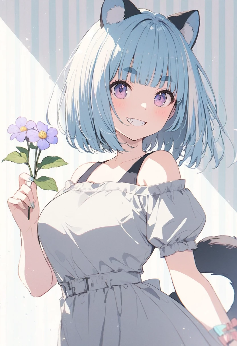 anime,(pale colors:1.8),long shot, 1girl, (on right:1.3), solo, cat mouth, dynamic angle, holding flower, pointing up, grin, smile, fang, blue hair, bobcut, straight hair, racoon ears, racoon tail, (brown streaked hair:1.3), (blunt bangs) ,thick eyebrows, big breast, off shoulder clothes, cutout,flower hair ornament, striped background, shadow,