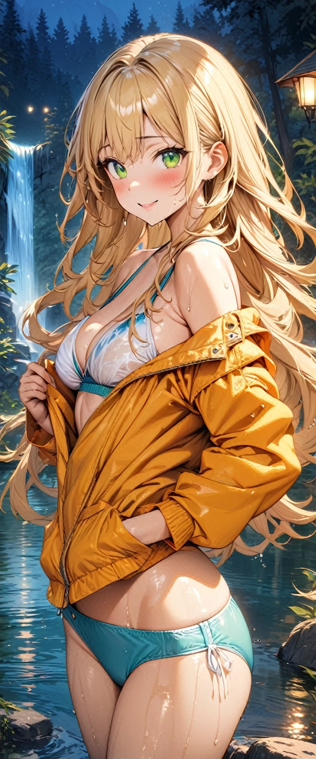 (masterpiece), (highest quality), (illustration), (super detailed), (high resolution), absurdity, 1girl,happy,blush,blonde hair,long hair,green eyes,night,forest lake,waterfall,looking at viewer,cowboy shot,water,undressing,swimsuit,wet,bathing,hands over body