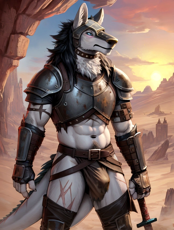 Solo Sexy young anthro scalie dragon male mercenary medieval solider, slim endomorph muscular, anthro handsome gay shorter muzzle, handsome gay model male apperance, sword scars, worn out leather skimpy armament, leather anthro head bondage muzzle face leather mask helmet with eye holes, low on hips heavy leather belt, old very worn out skimpy dirty linen material jockstrap, old yellow dirty worn out stains on white sawn jockstrap, very visible "x" brown seam pattern on the jockstrap, studded skimpy armlets breastplate armor, skimpy breastplate, leather bondages, fingerless leather gloves, smelly unwashed husk, dirty body look, desert battlefield, standing in sexy fighting position, close view of full character