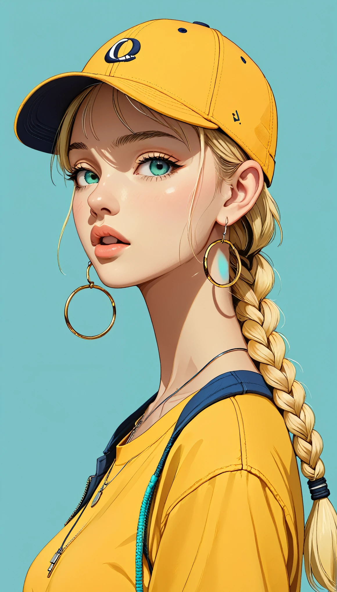 masterpiece, Highest quality, One girl, Aqua Eye, Baseball cap, Blonde, Mouth closed, Earrings, Have, hoop 、 jewelry, View your viewers, shirt,Braid, Simple Background, alone, Upper Body, yellow shirt 、Headphoneoderate bust