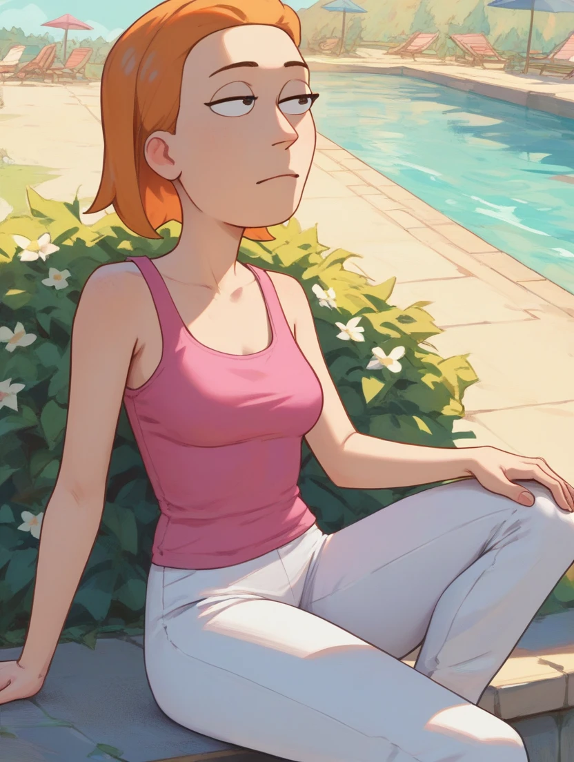 Summer Smith,, Orange hair, white pants, low-cut pink tank top 