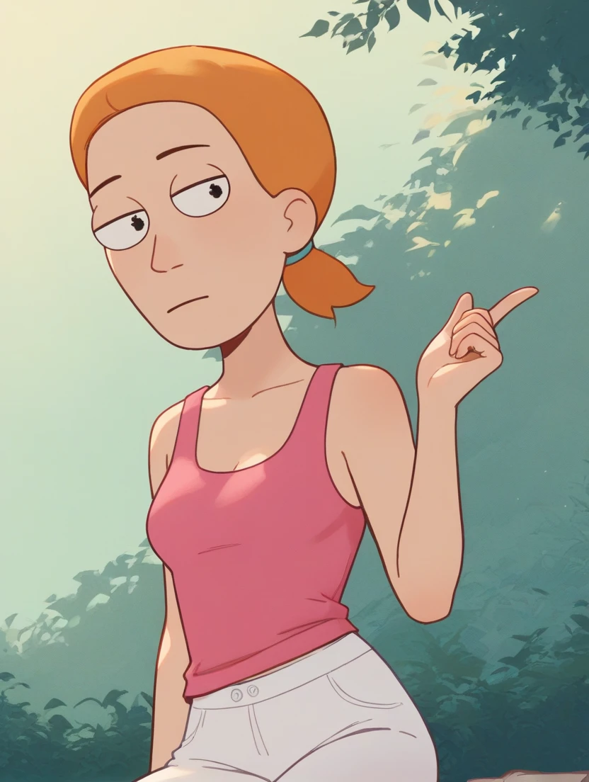 Summer Smith,, Orange hair, white pants, low-cut pink tank top 