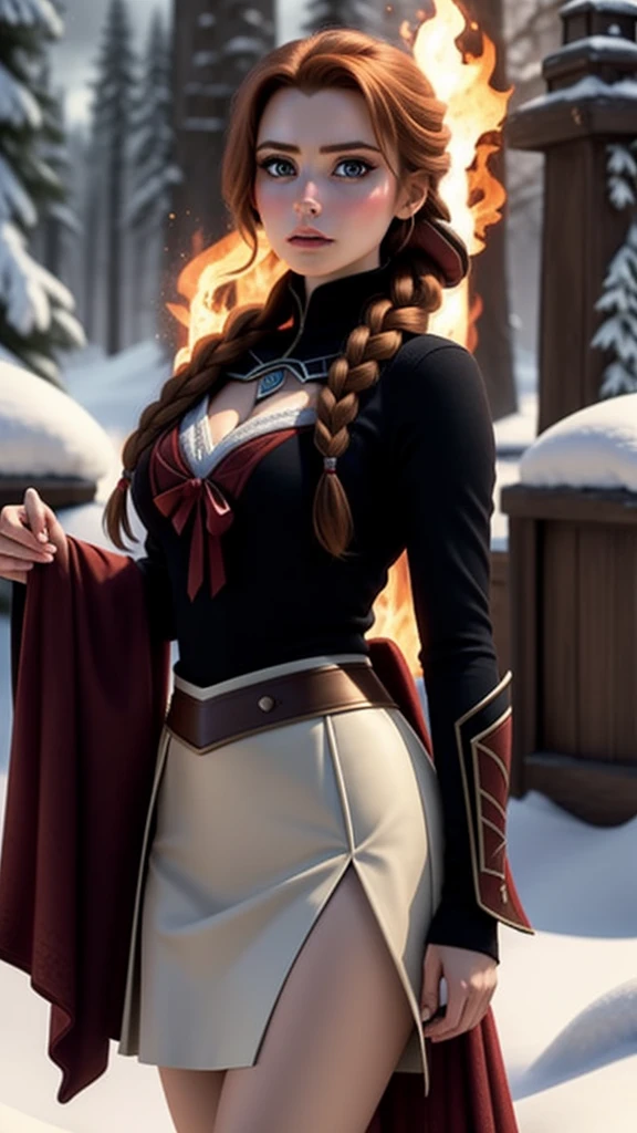 woman, ((Masterpiece, best quality)), detailed skin, highly detailed, cinematic lighting, ultra realistic, blush, looking at viewer, anna, anna from frozen, princess, disney, brown hair, long hair, portrait, outdoor, snow, cleavage, large breasts, wide hips,
skirt, miniskirt, microskirt, pleated skirt, thighs, vestida como lord sith de Star wars, con sable de luz rojo, y de fondo fuego y humo
