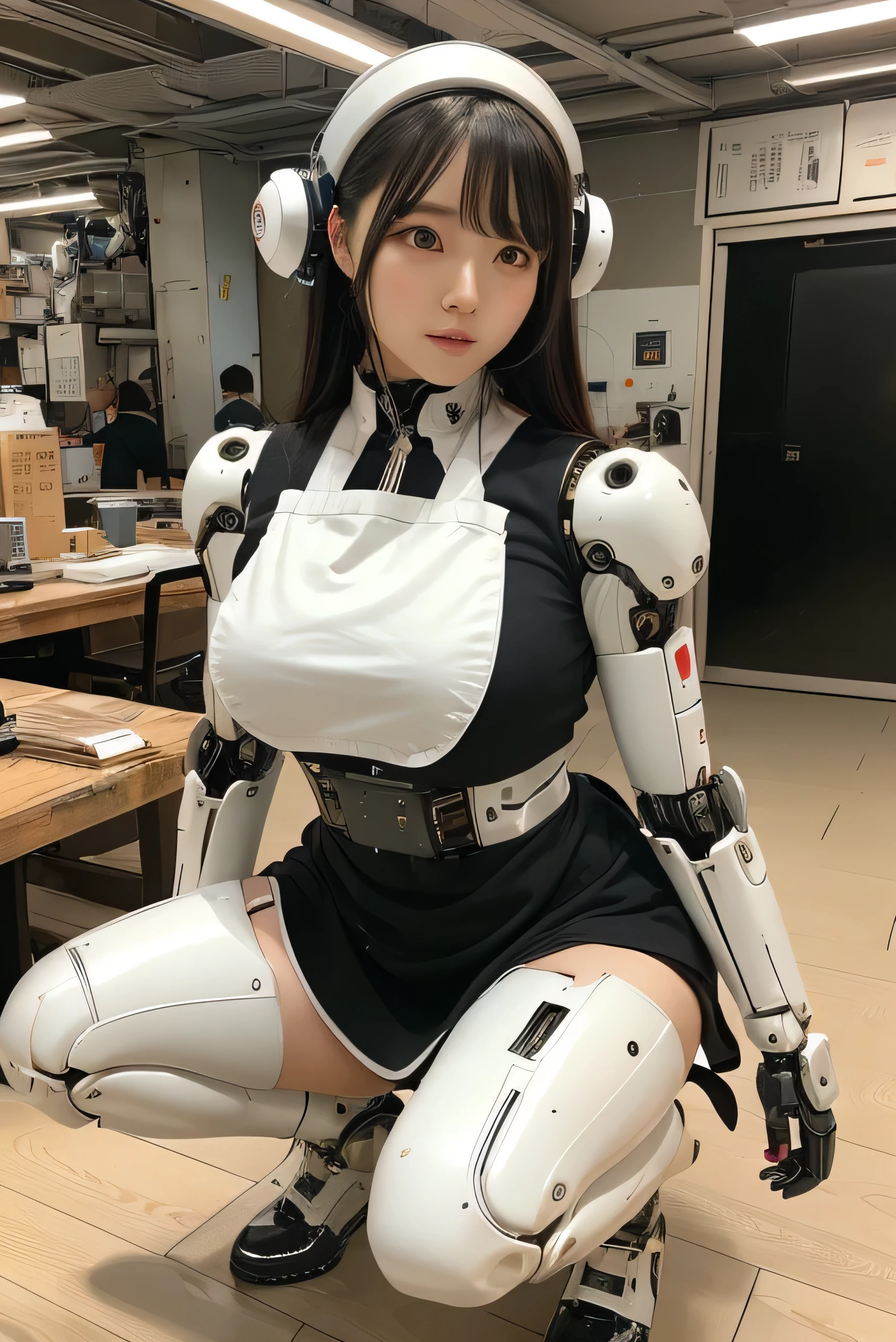 masterpiece, Highest quality, Very detailed, Japanese Android Girl,Plump,Control panel,Squat,Mechanical Hand,Robotic arms and legs, Black sponge joint,Blunt bangs,White robot body,Ceramic body,White Long Boots,Perfect Cyborg Girl,Charging Spot,She is charging now,Chubby,Are fat,