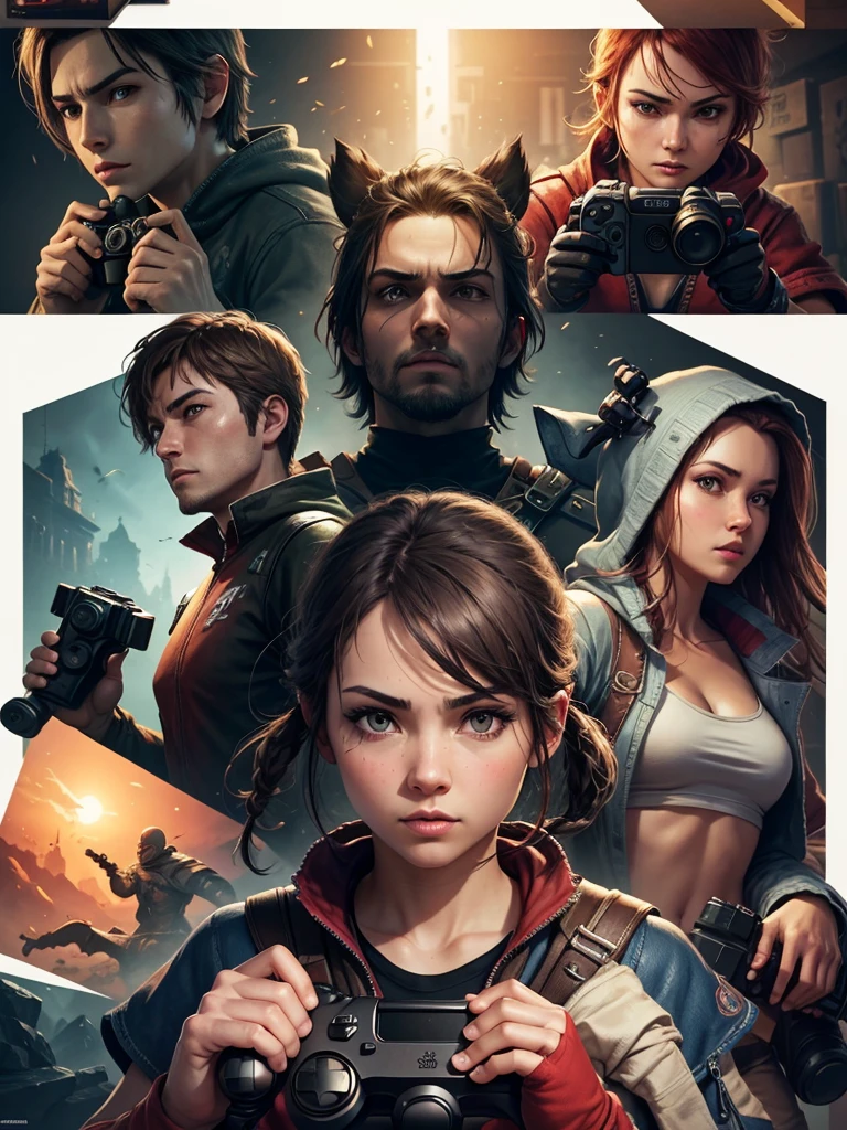 create an image with various game characters holding a camera and video game controller