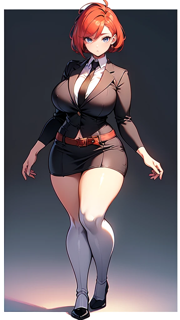 blank background, (((full body))), (masterpiece), ((best quality)), ((tall girl)), straight hair (curvy:1.7), (short skirt), shoes, belt below navel, redhead hair,, (black suit and tie), wide hips