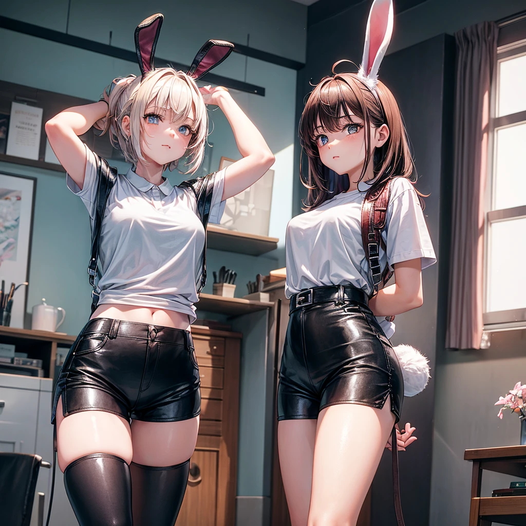 17-year-old girl with bunny ears and tail standing in her room wearing a short-sleeved shirt and shorts (full leather looking forward with the whole body)