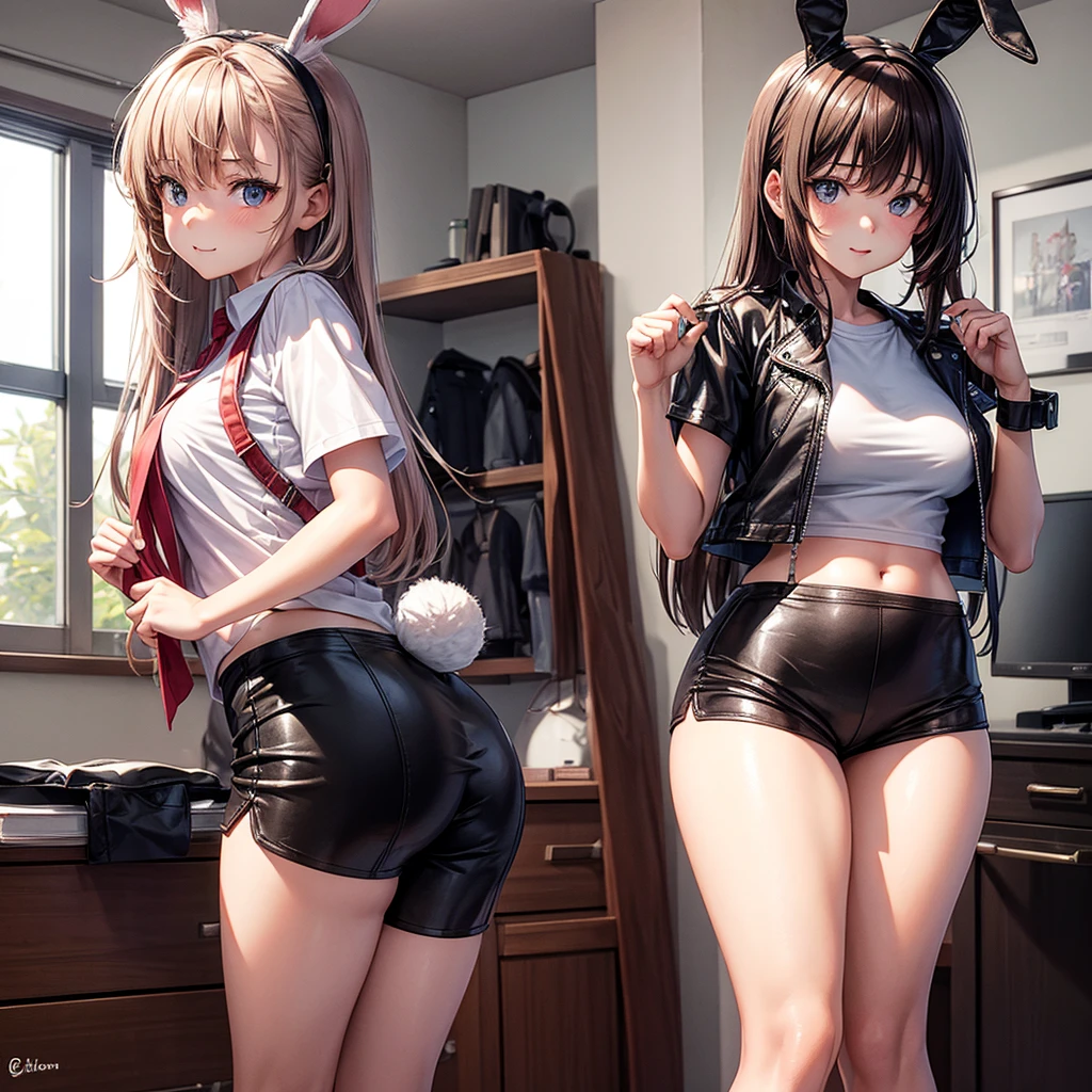with bunny ears and tail standing in her room wearing a short-sleeved shirt and shorts (full leather looking forward with the whole body)