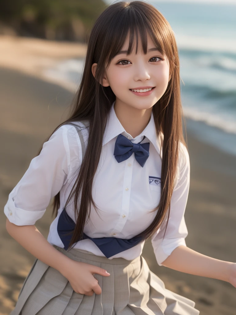 (1girl), kawaii, (round eyes:1.2), (highly detailed face and eyes), (big smile),  Amazing face and eyes, (school uniform, pleated mini skirt:1.3), (Best Quality:1.4), (Ultra-detailed), (extremely detailed CG unified 8k wallpaper), Highly detailed, High-definition raw color photos, Professional Photography, Realistic portrait, summer, (beach), (fine face:1.2),