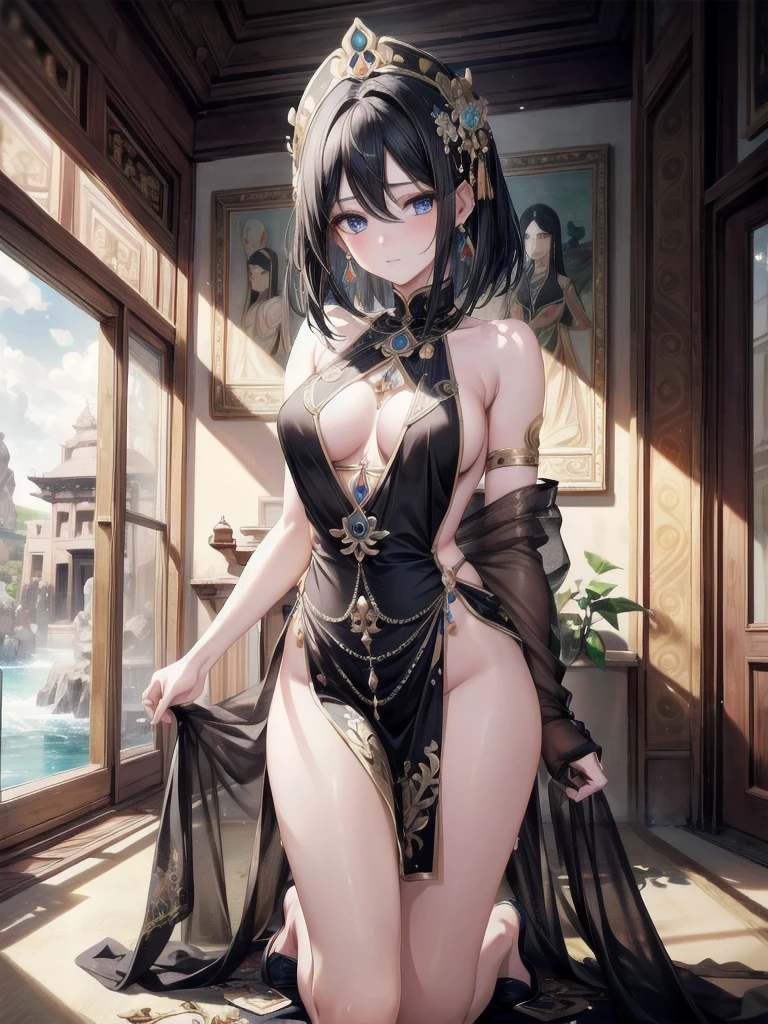 absurdres, RAW photo, extremely delicate and beautiful, masterpiece, Best Quality, ultra high resolution, 32k, hyperrealistic, ultra-detailed, delicate facial features, beautiful detailed woman, tearful mole, earring, medium breasts, full body shot, medium hair, black hair, Dunhuang Apsaras costume, Dunhuang style,