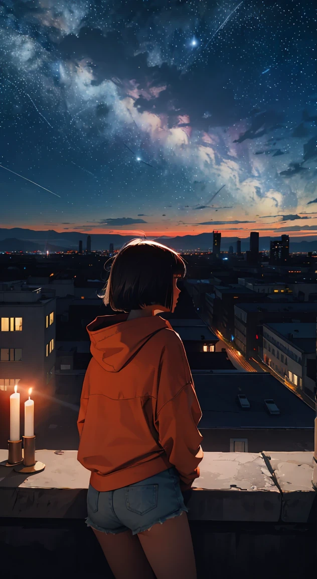 octane, Sky, Star (Sky), landscape, Starry Sky, night, a beautiful girl with, bob cut,Bangs, night Sky, Solitary, outdoor, architecture, cloud, Milky Way, sit, Candle , City, contour, Wearing a red hoodie and denim shorts, Cityscape view from above