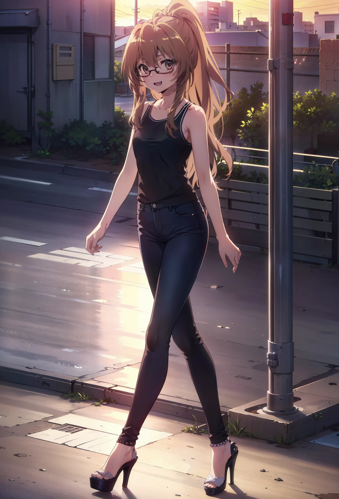 taiga aisaka, taiga aisaka, Long Hair, Brown Hair, Brown eyes,happy smile, smile, Open your mouth,ponytail,Black-rimmed glasses,Brown Tank Top,Skinny jeans,Stiletto heels,The rising sun,morning,morning陽,walking,whole bodyがイラストに入るように,
break outdoors, construction area,
break looking at viewer, whole body,
break (masterpiece:1.2), Highest quality, High resolution, unity 8k wallpaper, (shape:0.8), (Beautiful attention to detail:1.6), Highly detailed face, Perfect lighting, Extremely detailed CG, (Perfect hands, Perfect Anatomy),