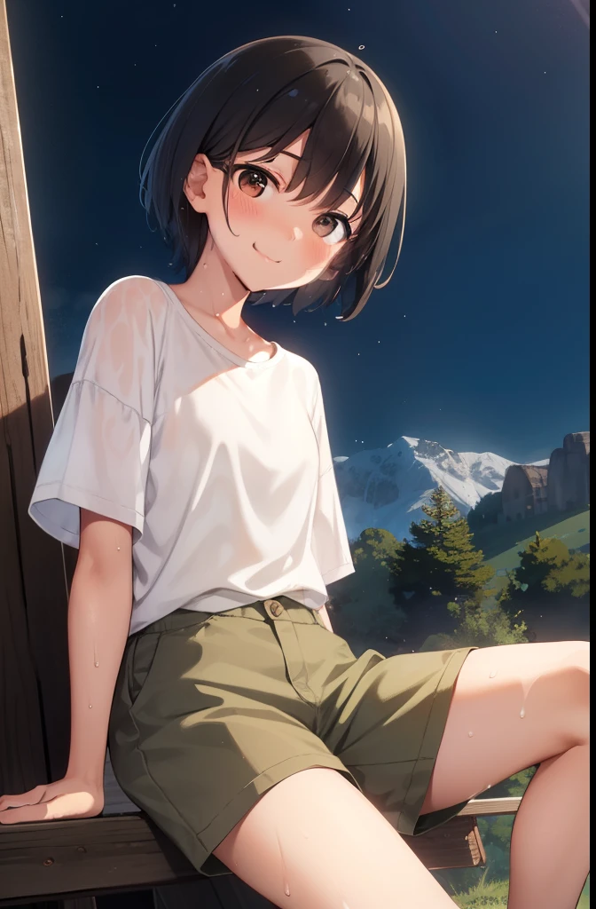 Sitting in the mountains,smile,Brown eyes,1. small  ,short hair,Black Hair,blush,White T-shirt,Olive green shorts,Brown Sandals,White skin,From below,shy,Please open your mouth wide, Put your hands between your legs,night,firework,Sweaty,Wet,Close one eye,Cowboy Shot