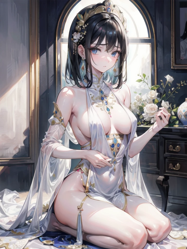 absurdres, RAW photo, extremely delicate and beautiful, masterpiece, Best Quality, ultra high resolution, 32k, hyperrealistic, ultra-detailed, delicate facial features, beautiful detailed woman, tearful mole, earring, medium breasts, full body shot, medium hair, black hair, Dunhuang Apsaras costume, Dunhuang style,