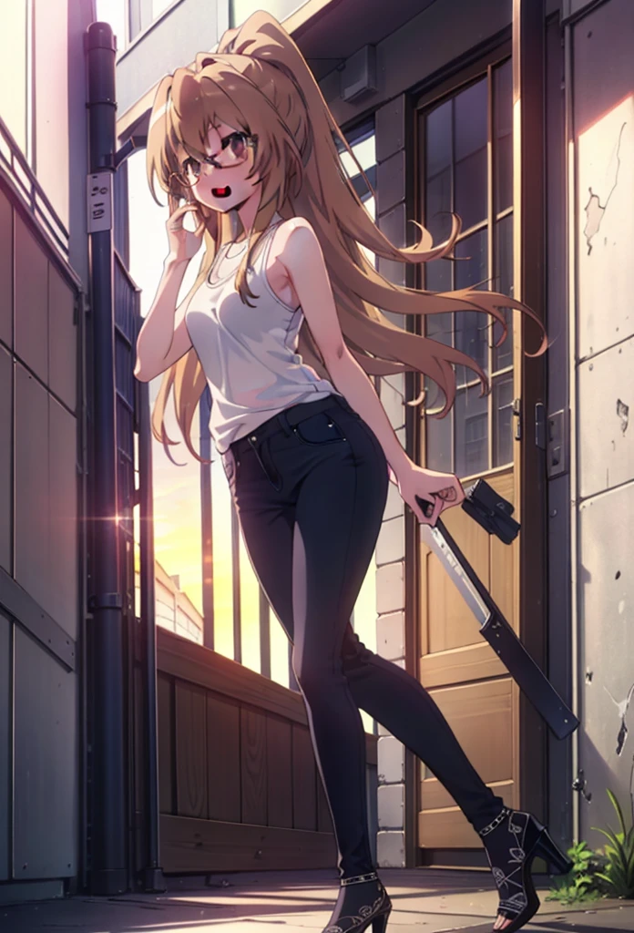 taiga aisaka, taiga aisaka, Long Hair, Brown Hair, Brown eyes,happy smile, smile, Open your mouth,ponytail,Black-rimmed glasses,Brown Tank Top,Skinny jeans,Stiletto heels,The rising sun,morning,morning陽,walking,whole bodyがイラストに入るように,
break outdoors, construction area,
break looking at viewer, whole body,
break (masterpiece:1.2), Highest quality, High resolution, unity 8k wallpaper, (shape:0.8), (Beautiful attention to detail:1.6), Highly detailed face, Perfect lighting, Extremely detailed CG, (Perfect hands, Perfect Anatomy),