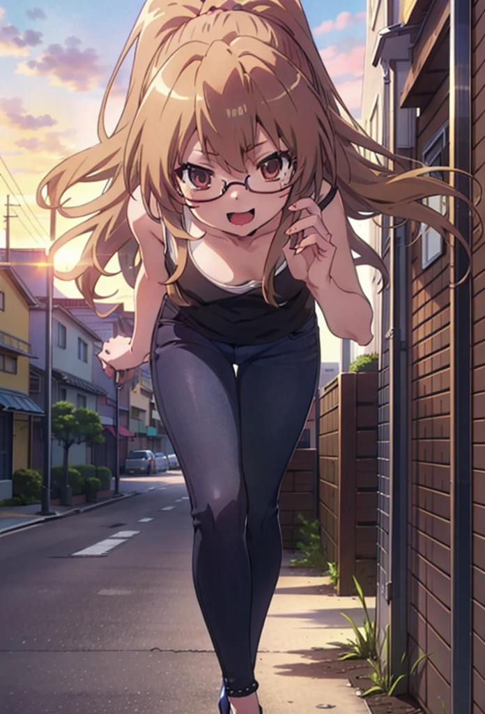 taiga aisaka, taiga aisaka, Long Hair, Brown Hair, Brown eyes,happy smile, smile, Open your mouth,ponytail,Black-rimmed glasses,Brown Tank Top,Skinny jeans,Stiletto heels,The rising sun,morning,morning陽,walking,whole bodyがイラストに入るように,
break outdoors, construction area,
break looking at viewer, whole body,
break (masterpiece:1.2), Highest quality, High resolution, unity 8k wallpaper, (shape:0.8), (Beautiful attention to detail:1.6), Highly detailed face, Perfect lighting, Extremely detailed CG, (Perfect hands, Perfect Anatomy),