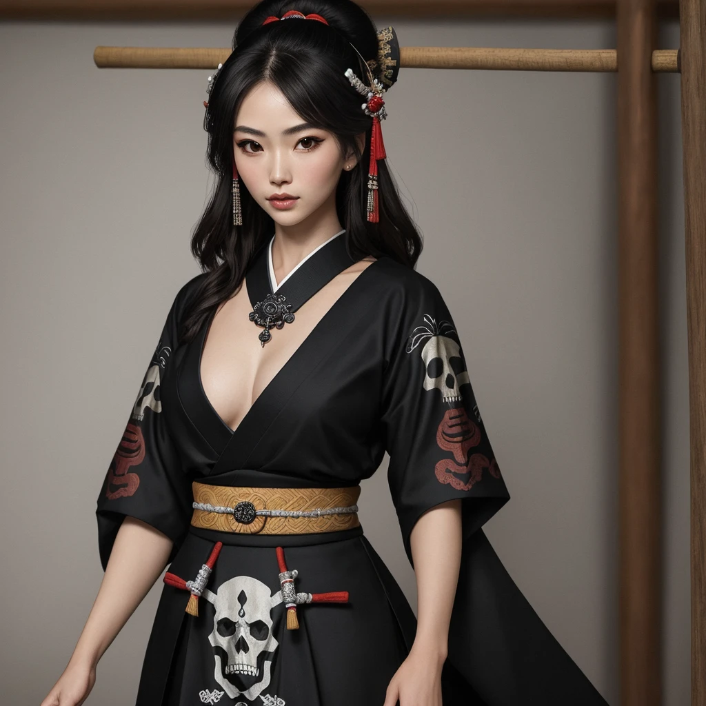 ((Best Quality)), ((Masterpiece)), (detailed), samurai woman, beautiful , black dress with drawn skulls